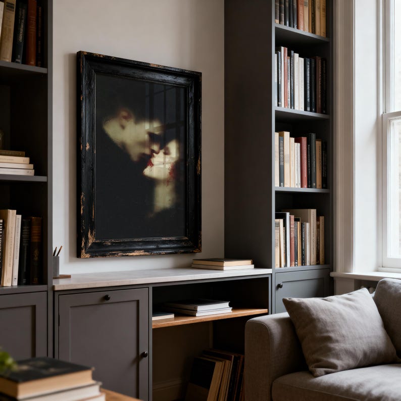 Gothic Vampire Kiss Print, Dark Romantic Wall Art for Lovers, Moody Valentine Fine Art, Baroque Gothic Couple, Haunted Bedroom Decor image 8