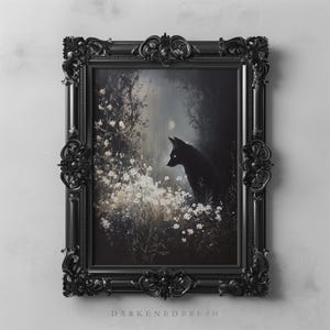 Dark Fox Floral Moon Art Printable Mystical Woodland Black Wolf Digital Download Gothic Nature Aesthetic Dark Academia Botanical Wall Decor