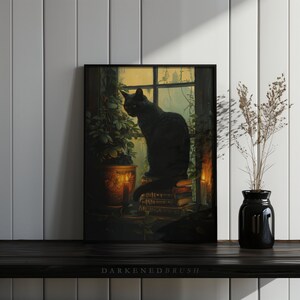 May include: A black cat sits on a stack of books in front of a window with a candle lit in a vase. The cat is looking out of the window. The window is framed in black and the background is a dark forest.