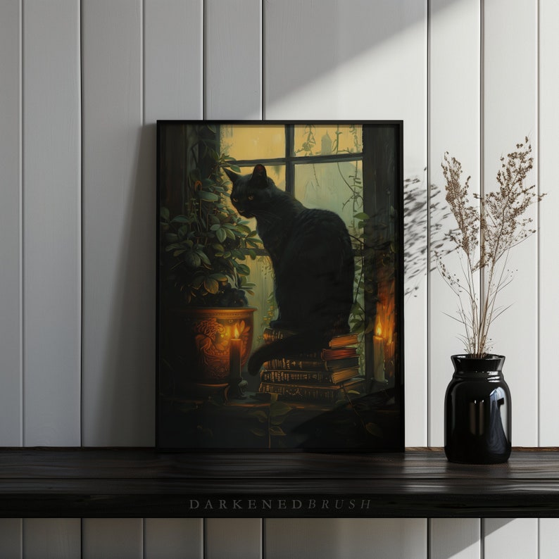 May include: A black cat sits on a stack of books in front of a window with a candle lit in a vase. The cat is looking out of the window. The window is framed in black and the background is a dark forest.