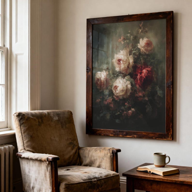 Rose Floral Wall Art, Moody Botanical Painting, Dark Academia Decor, Gothic Physical Archival Print 863