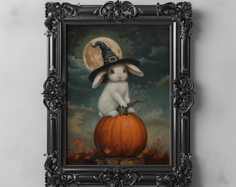 Cute Bunny Witch on Pumpkin Art Printable, Halloween Bunny Printable, Whimsical Cottagecore Decor, Fairy Tale Fantasy Art, Autumn Hare Print
