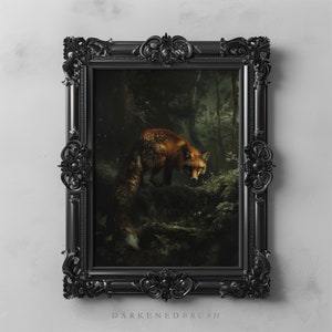 Vintage Red Fox in Forest Painting Printable Animal Wall Art, Dark Moody Victorian Aesthetic Dark Cottagecore Decor, Instant Download