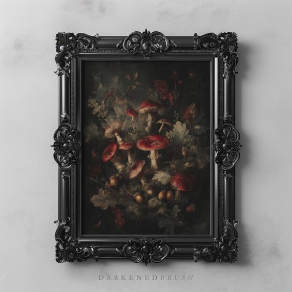 Dark Forest Mushroom Art Print, Moody Fairycore Toadstool Painting with Acorns & Oak Leaves, Enchanted Nature Art for Cottagecore Decor 166