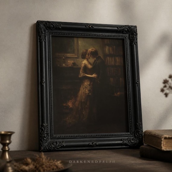 Victorian Library Romance Wall Art, Gothic Couple Print, Dark Academia Physical Art Print 983