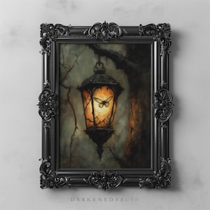 May include: A framed artwork featuring a vintage lantern with a butterfly inside, hanging from a tree branch. The lantern glows with warm light, set against a dark, moody background. The frame is ornate and black, with the text "DARKENDEDBRUSH" at the bottom.