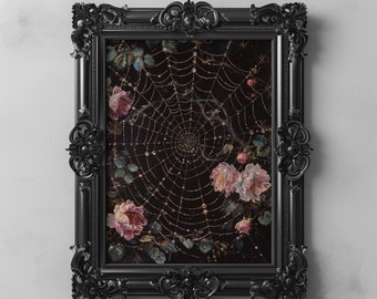 Dew Drops On Spiderweb And Pink Roses Dark Botanical Flower Garden Printable, Dark Cottagecore Forestcore, Dark Floral Woodland Wall Art
