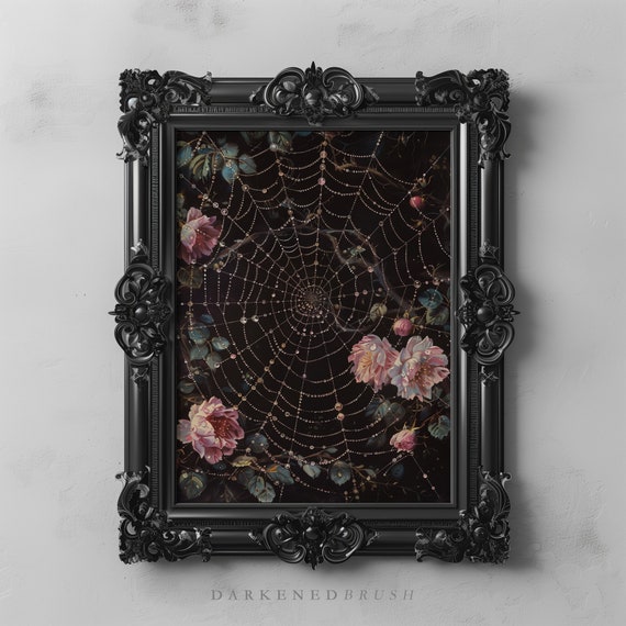Dew Drops on Spiderweb and Pink Roses Dark Botanical Flower Garden