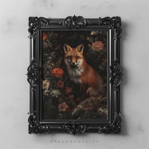 Dark Forest Red Fox Art Painting, Cottagecore Woodland Animal Wall Art, Dark Academia Decor, Gothic Oil Painting, Dark Floral Botanical Art