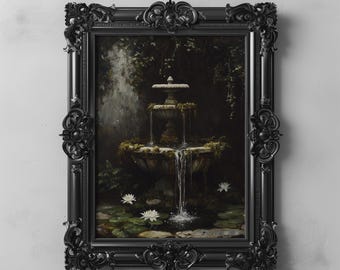 Arte de fuente de jardín vintage, estanque de nenúfares gótico imprimible, decoración de pared de Dark Academia, fuente botánica encantada, pintura al óleo Cottagecore