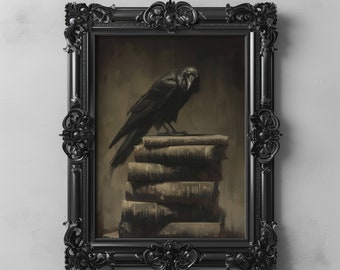 May include: A black raven perched on a stack of old, leather-bound books in a dark, antique-style frame.