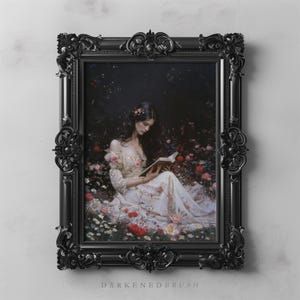 Lámina artística victoriana de amante de los libros, pintura floral de Dark Academia, decoración botánica, arte romántico de mujer leyendo, arte mural vintage cottagecore