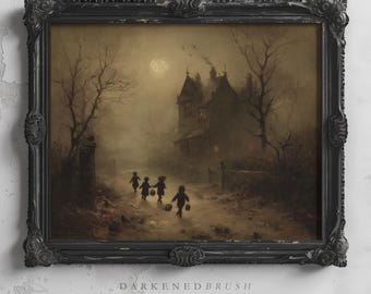 Group Of Children Walking Toward Haunted Manor Gothic Vintage Halloween Wall Art Spooky Fall Autumn Decor Dark Academia Print Aesthetic