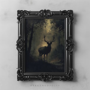 Reh Hirsch im Wald Waldtier Wandkunst, Waldkern Land Malerei, dunkle Cottagecore Wildtiere Dekor, Natur Tier Kunst bedruckbar,