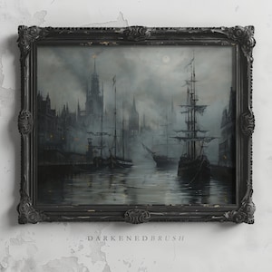 May include: A painting in a black frame depicts a foggy cityscape with tall buildings and several ships docked at the waterfront. The sky is a muted gray, and the water reflects the light of the moon.