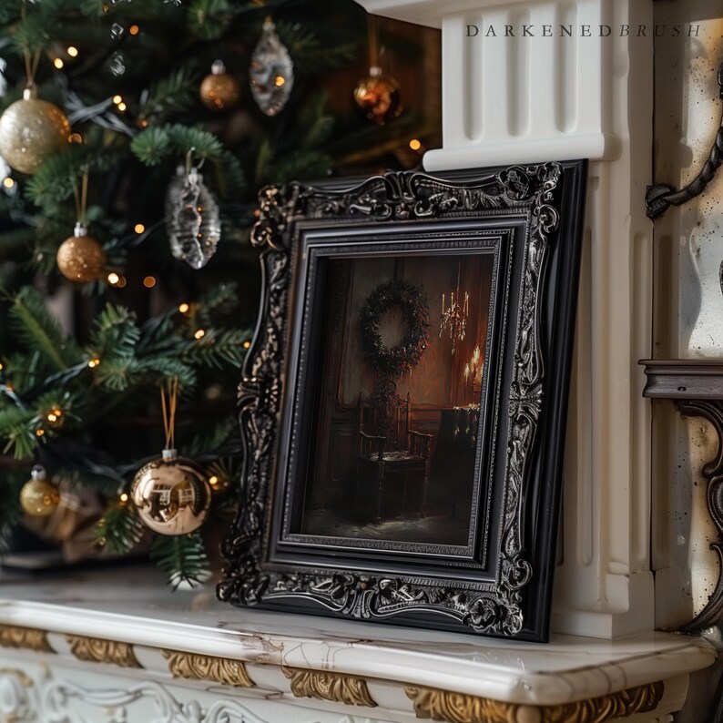 May include: A black framed painting with a dark, ornate frame. The painting depicts a dimly lit room with a wreath hanging on the wall and a chair in the foreground.