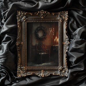 May include: A framed painting of a dark, dimly lit room with a wreath hanging on the wall, a chair in the corner, and a table with candles and a chandelier.