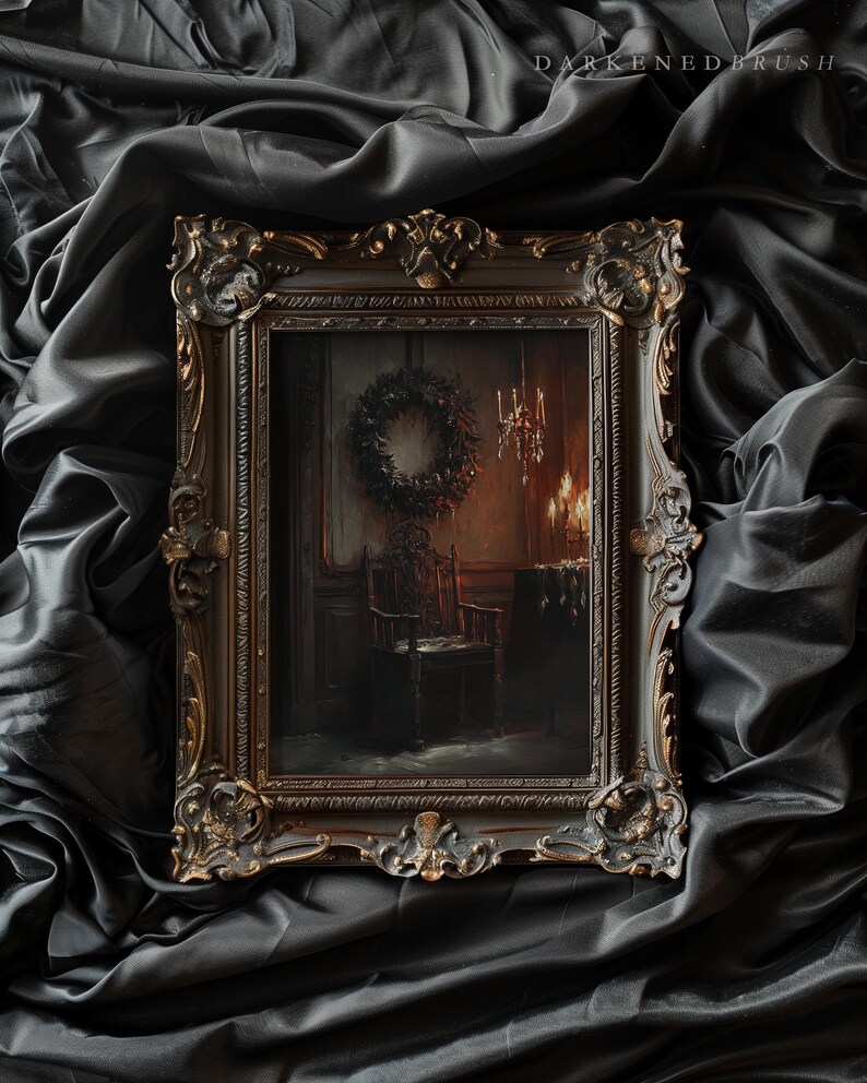 May include: A framed painting of a dark, dimly lit room with a wreath hanging on the wall, a chair in the corner, and a table with candles and a chandelier.