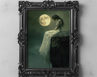 Gothic Victorian Woman Hecate Goddess Witchy Art Printable, Full Moon Dark Academia Cottagecore Wall Decor, Princess Fantasy Night Painting