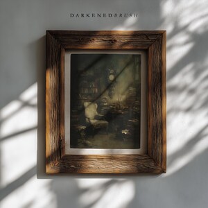 May include: A framed print with a rustic wooden frame. The artwork depicts a dimly lit room with a person seated in a chair, surrounded by books and a clock. The text "DARKENEBRUSH" is at the top of the frame.