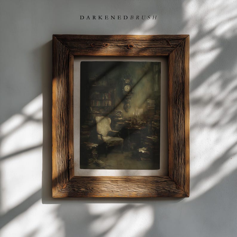 May include: A framed print with a rustic wooden frame. The artwork depicts a dimly lit room with a person seated in a chair, surrounded by books and a clock. The text "DARKENEBRUSH" is at the top of the frame.