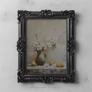 White Flowers and Lemons Rustic Still Life Painting, Farmhouse Decor Vintage Country Art Kitchen Wall Art, Rustic Country Decor Floral Print