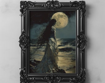 Peut inclure: Une peinture encadrée d'une femme en robe blanche debout sur une plage avec une grande lune en arrière-plan.