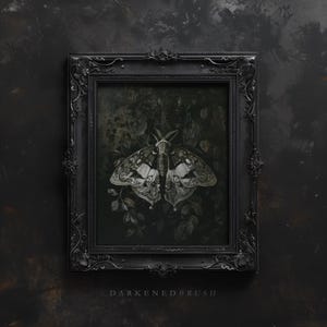 May include: A black and white moth with intricate details is framed in a black ornate frame against a dark gray background. The text "DARKENED BRUSH" is below the frame.