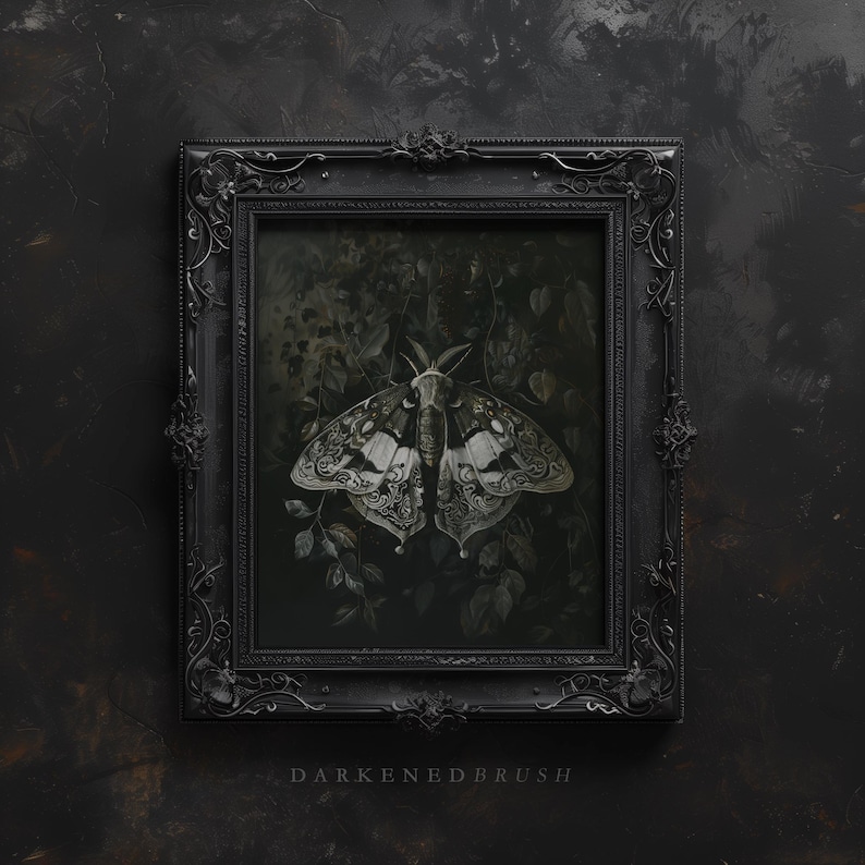May include: A black and white moth with intricate details is framed in a black ornate frame against a dark gray background. The text "DARKENED BRUSH" is below the frame.