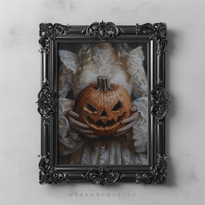 May include: A framed painting featuring a carved orange pumpkin held by a person in a white lace dress. The black ornate frame surrounds the artwork. The text "DARKENDEDBRUSH" is at the bottom of the frame.