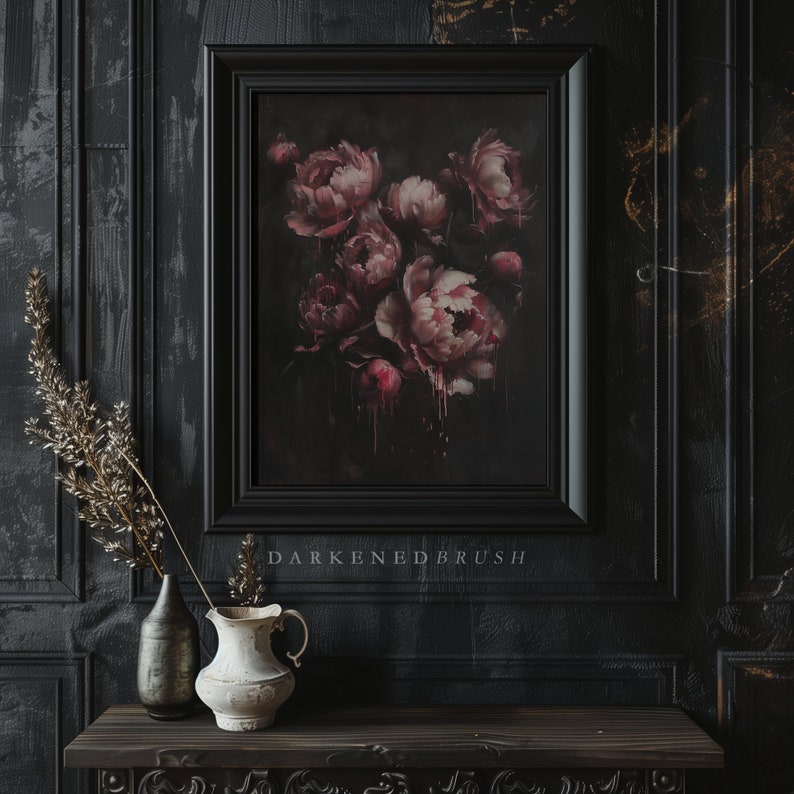 May include: A framed print of a dark floral still life featuring pink peonies with dripping paint. The print is framed in black and has the text "Darkened Brush" below the image.