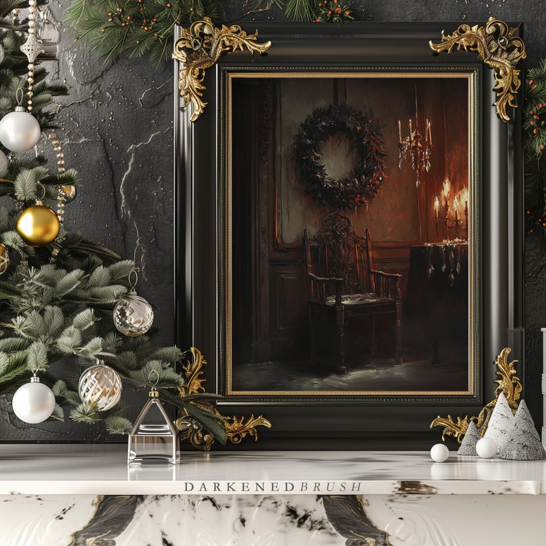 May include: A black framed painting of a room with a wreath on the wall, a chair, and a table with candles. The painting is on a white marble surface with a Christmas tree and ornaments in the foreground. The text "DARKENED BRUSH" is printed on the surface.