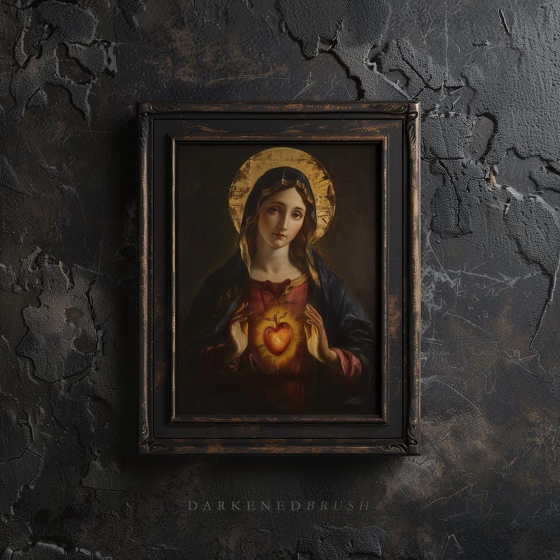 May include: A framed painting of a woman with a halo holding a heart in her hands. The painting is in a dark wood frame and has a dark background.