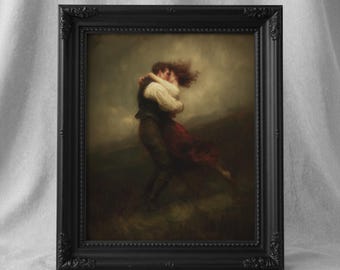 Vintage Windy Lovers Kissing Painting, Wuthering Heights Romance Gothic Valentine’s Day Art, Moody Dark Academia Couple Love Print Gift 709