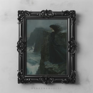 Gothic Princess on Cliff in Seascape Painting, Ocean & Coastal Aesthetic, Dark Academia Décor, Moody Wall Art, Dark Gothic Oil Painting
