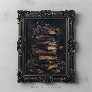 Dark Academia Antique Vintage Books and Roses Wall Art, Vintage Botanical Bookish Decor, Moody Floral Literary Art Victorian Academia Print image 1