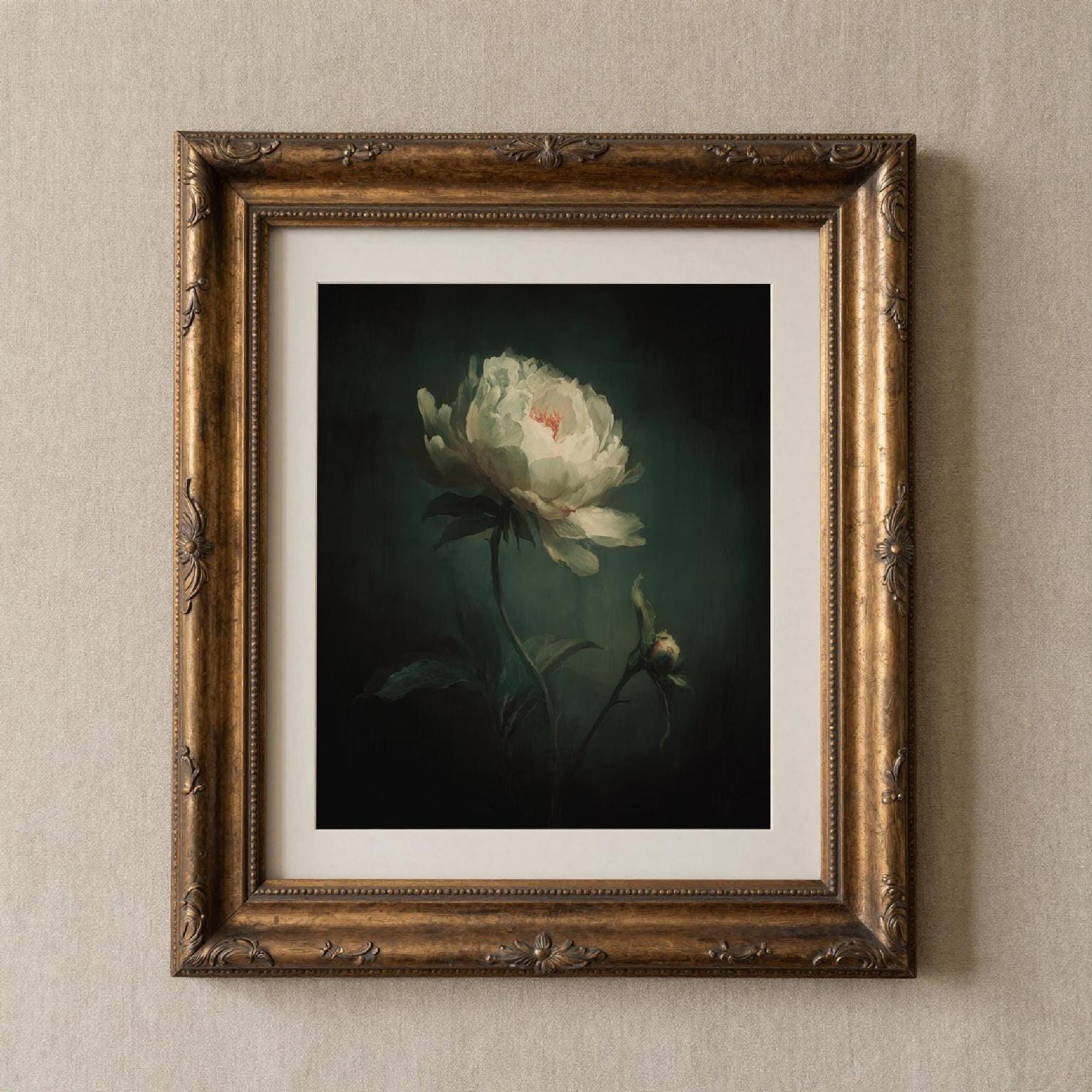 Dark Moody Peony Art Printable Gothic Floral Wall Decor, Dramatic White ...