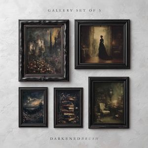 May include: A gallery set of five framed art prints. Each print features a dark, vintage aesthetic with ornate black frames. The artwork includes landscapes, figures, and still life scenes. The text "GALLERY SET OF 5" and "DARKEND BRUSH" are visible.