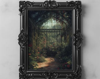 Gothic Flower Garden Greenhouse Art Printable Botanical Wall Art Dark Cottagecore Decor Vintage Victorian Nature Painting Moody Floral Print