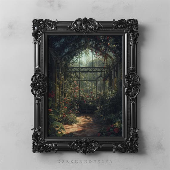 Gothic Flower Garden Greenhouse Art Printable Botanical Wall Art Dark Cottagecore Decor Vintage Victorian Nature Painting Moody Floral Print