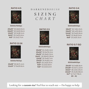 Op de afbeelding: Een maattabel van Darkened Brush, met verschillende beeldverhoudingen en afmetingen voor kunstdrukken. Maten worden weergegeven in inches en centimeters, zoals 20x25 inch (50,8x63,5 cm) en 24x36 inch (61,0x91,4 cm). De tekst "SIZING CHART" is ook aanwezig.