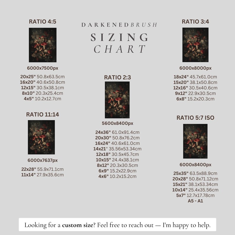 Op de afbeelding: Een maattabel van Darkened Brush, met verschillende beeldverhoudingen en afmetingen voor kunstdrukken. Maten worden weergegeven in inches en centimeters, zoals 20x25 inch (50,8x63,5 cm) en 24x36 inch (61,0x91,4 cm). De tekst "SIZING CHART" is ook aanwezig.