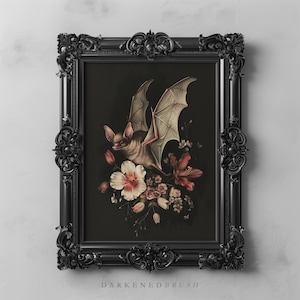 Bat Floral Wall Art Printable Dark Gothic Cottagecore Animal Wall Art, Dark Flowers Botanical Digital Download, Halloween Nature Decor Print