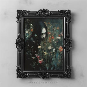 Witchy Woman Moody Dark Floral Wildflower Painting, Dark Cottagecore Gothic Botanical Art Printable Dark Academia Wall Decor Occult Poster