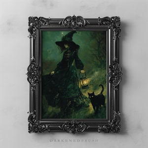 魅惑的な魔女と黒猫のアート、ムーディーな絵画の印刷可能、魔女の壁アート、ダークコテージコアゴシックアート、ハロウィーンの装飾オカルトアートポスター