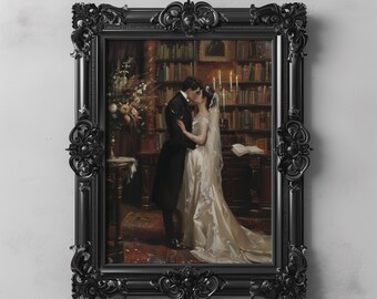 May include: A framed painting of a couple kissing in a library setting. The black frame has ornate detailing. The painting depicts a man in a black suit and a woman in a white wedding dress. The background shows bookshelves, flowers, and candles.