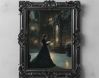 May include: A woman in a black dress stands in a dimly lit room with tall bookshelves and candles. She is reading a book and the room has a gothic aesthetic.