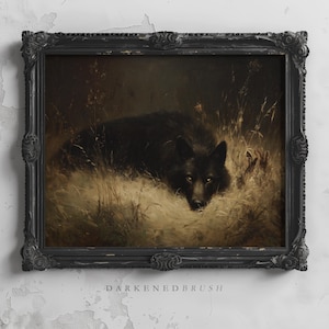 May include: A framed print depicting a black wolf in long grass, with visible yellow eyes. The artwork is set within an ornate black frame. The text "DARKENEDBRUSH" is at the bottom. A vintage-style piece of art.