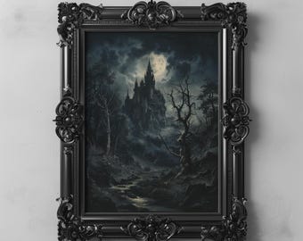 Gothic Castle Under Moonlight Dark Academia Wall Art Haunted Landscape Printable Spooky Gothic Decor Fantasy Castle Art Halloween Wall Decor
