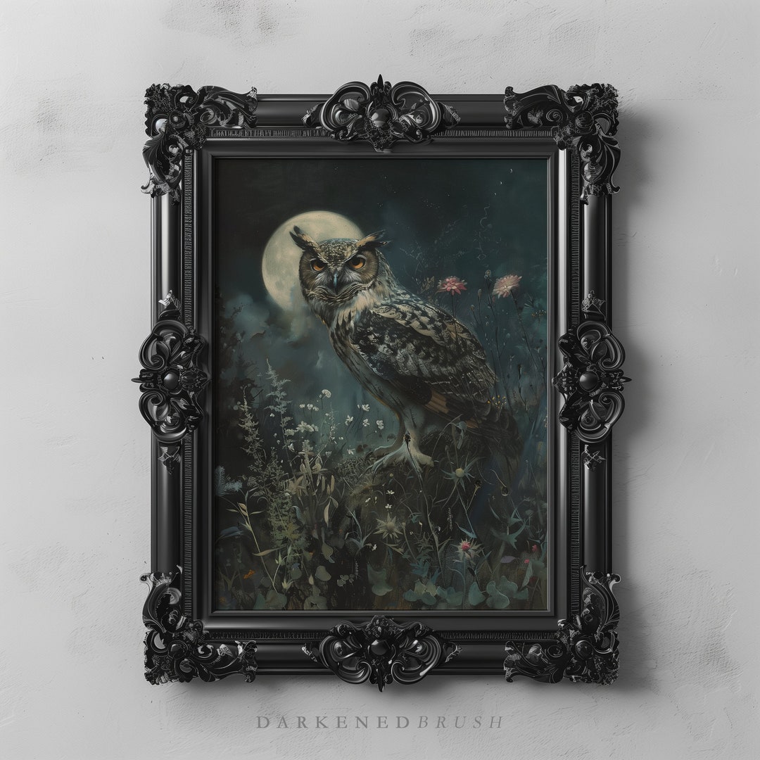 Horned Night Owl Art Printable Wall Art, Full Moon Dark Moody Forest ...